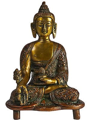 5" Tibetan Buddhist God Medicine Buddha Statue in Brass | Handmade