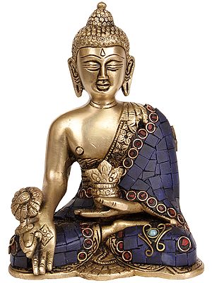 6" Lapis Healing Buddha Idol in Brass | Tibetan Buddhist Deity Statues