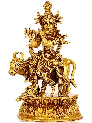 6" Venugopala with His Cow and Peacock In Brass | Handmade | Made In India