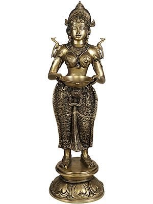37" Large Size Deeplakshmi with Parrot on Shoulders in Brass | Handmade