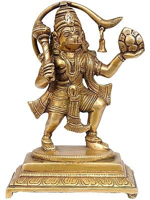 6" Brass Lord Hanuman Statue with Sanjeevani Herbs | Handmade | Made in India