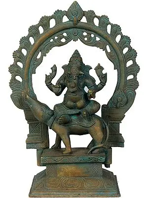 Lord Ganesha Seated on Rat with Floral Prabhavali