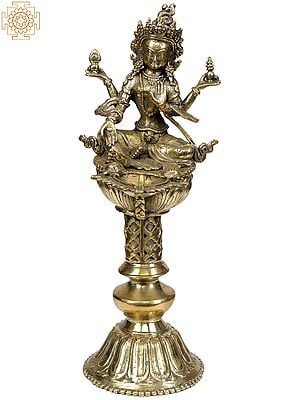 12" Nepalese form of Goddess Lakshmi with Lamp in Brass | Handmade | Made in India