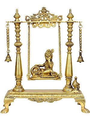16" Butter Krishna on a Swing In Brass | Handmade | Made In India