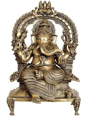 28" Large Size Majestic Ganesha Enshrining the Throne with Mahakala Arch In Brass | Handmade | Made In India