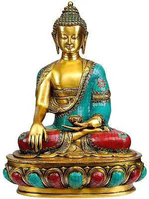 17" Lord Buddha in Bhumisparsha Mudra (Inlay Statue) In Brass | Handmade | Made In India