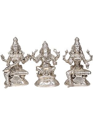 8" The Great Trinity - Saraswati, Ganesha and Lakshmi In Brass | Handmade | Made In India