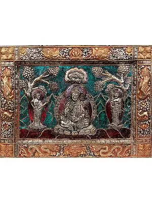 Tibetan Buddhist Deity- Guru Padmasambhava with His Chief  Disciples (Framed with Dragon, Deer and Auspicious Symbols) (Wall Hanging)
