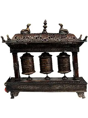 Enshrined Triple Prayer Wheels with Incense Holder and Burner