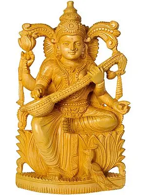 Goddess Saraswati White Cedar Wood from Trivandrum