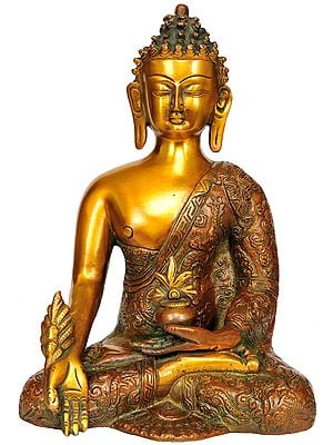 9" Medicine Buddha Brass Idol (Robes Decorated with Auspicious Symbols and Dragon Figures) | Handmade | Made in India