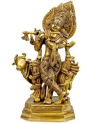 12" Venugopala (Fluting Krishna with His Cow) In Brass | Handmade | Made In India