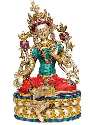 14" Saviour Goddess Green Tara (Inlay Statue Tibetan Buddhist Deity) In Brass | Handmade | Made In India