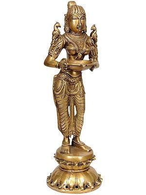 15" Brass Deeplakshmi with Parrot on Shoulders (In Chola Idiom) | Handmade