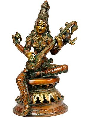 12" Goddess Saraswati Statue Seated in Lalitasana on Lotus Throne | Handmade | Made in India