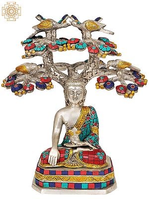 11" The Buddha Under the Bodhi-Tree (Inlay Statue) In Brass | Handmade | Made In India