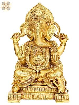 17" Lord Ganesha Seated on Pedestal In Brass | Handmade | Made In India