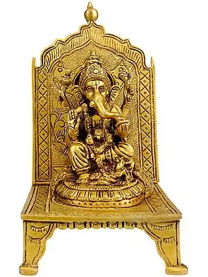 7" Enthroned Ganesha Sculpture in Brass | Handmade | Made in India