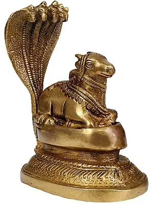 5" Nandi Bull Idol with five-hooded Serpent | Indian Handcrafted Statue