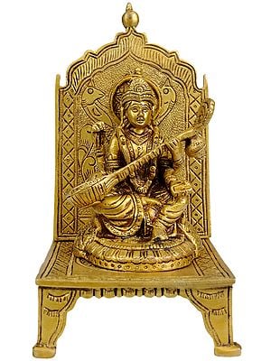 7" Enthroned Saraswati In Brass | Handmade | Made In India