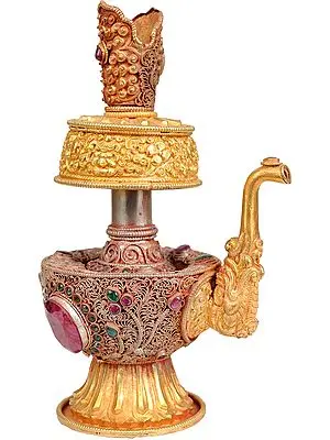 Tibetan Buddhist Ritual Kettle and Water Sprinkler with Filigree and  Repousse Work