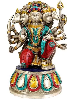 13" Five Headed Hanuman as Eleventh Rudra (Inlay Statue) In Brass | Handmade | Made In India