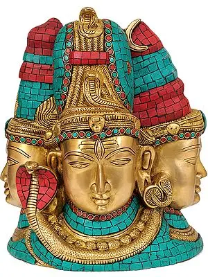 11" Tri-Murti and Devi Inlay Statue in Brass | Handmade | Made In India