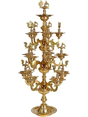 26" Four-Layer Peacock Lamp from South India in Brass | Handmade | Made in India