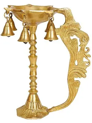 Six-Wick Puja Lamp with Bells