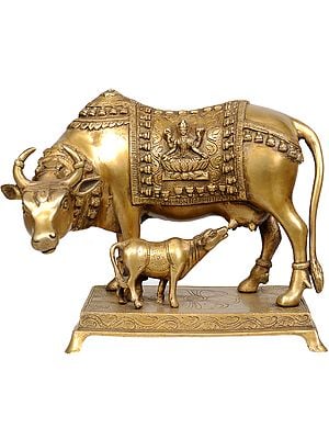 8" Cow Marked with Ganesha and Lakshmi In Brass | Handmade | Made In India