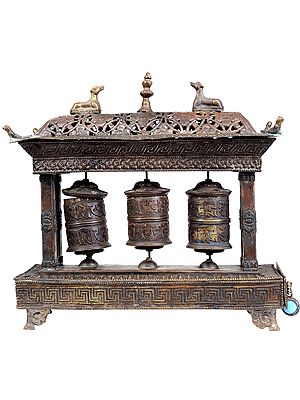 Tibetan Buddhist Triple Prayer Wheels with Incense Holder and Burner
