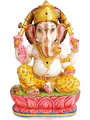 Kamalasana Ganesha Wearing Printed Yellow Dhoti