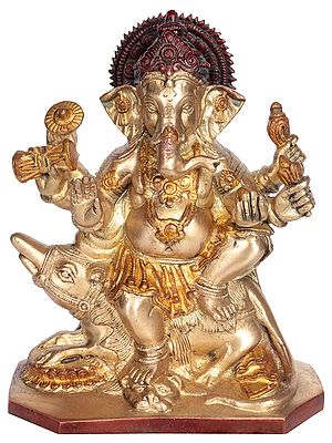 8" Six-Armed Ganesha Idol Seated on Rat with Leg on a Lion Head | Handmade Brass Statue | Made in India