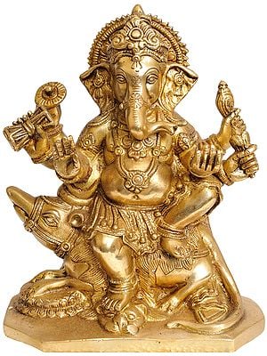 8" Six-Armed Ganesha Idol Seated on Rat with Leg on a Lion Head | Handmade Brass Statue | Made in India
