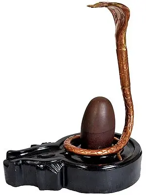 Shiva Linga of Narmada Valley with Black Stone Base and Five-Hooded Copper Snake Crowning It