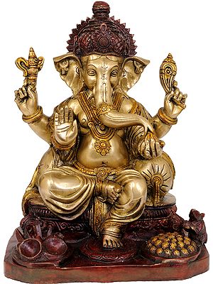 12" Four Armed Seated Ganesha In Brass | Handmade | Made In India