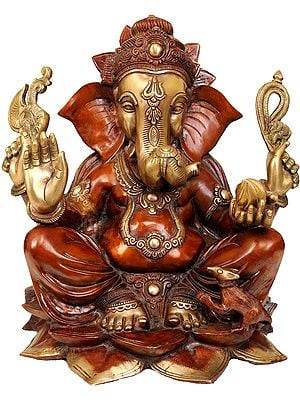 15" Lord Ganesha Seated on Lotus In Brass | Handmade | Made In India