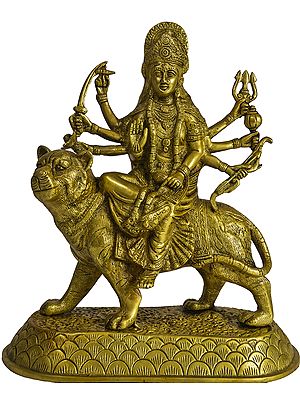 10" Mother Goddess Durga Seated on Lion In Brass | Handmade | Made In India