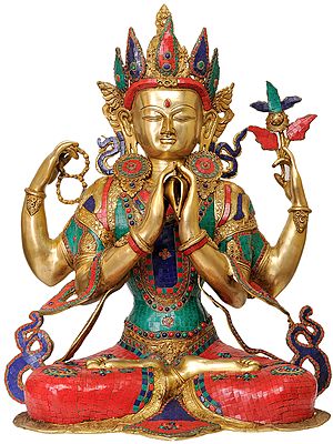 31" Tibetan Buddhist Deity- Large Size Chenrezig (Shadakshari Lokeshvara) In Brass | Handmade | Made In India
