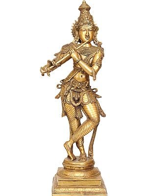 34" Large Size Lord Krishna Playing Flute In Brass | Handmade | Made In India