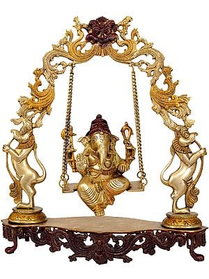 18" Lord Ganesha on a Swing with Kirtimukha Atop In Brass | Handmade | Made In India