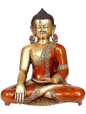 14" Lord Buddha in Mara Vijay Mudra Wearing an Orange Robes In Brass | Handmade | Made In India