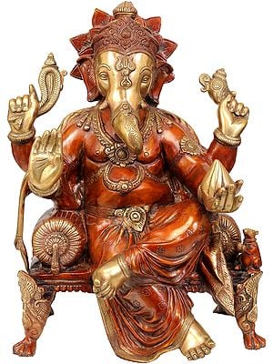 20" Enthroned Ganesha In Brass | Handmade | Made In India