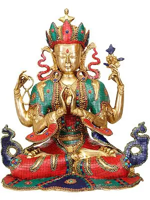 22" Tibetan Buddhist Deity- Chenrezig (Shadakshari Lokeshvara) Inlay Statue In Brass | Handmade | Made In India