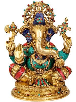 19" Four Armed Seated Ganesha (Inlay Statue) In Brass | Handmade | Made In India