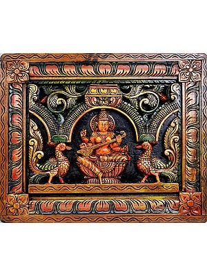 Devi Saraswati (Wall Hanging Carved in Relief)