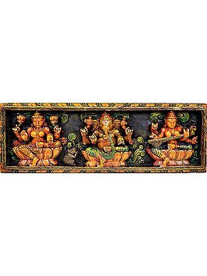 The Great Trinity - Lakshmi, Ganesha and Saraswati (Wall Hanging Panel)