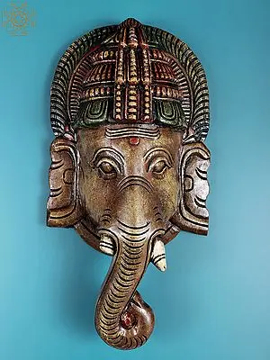 18" Wooden Ganesha Mask Wall Hanging | Handmade