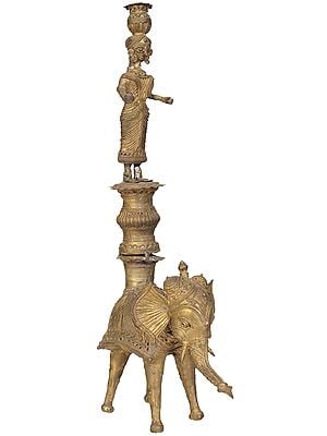 Lady Standing on Elephant with Pitcher  (Tribal Statue from Bastar)