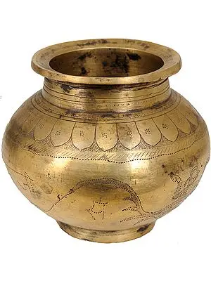 Puja Kalash Engraved with Figures of Goddess Ganga and Surya Bhagawan with Their Names in Devanagari Script